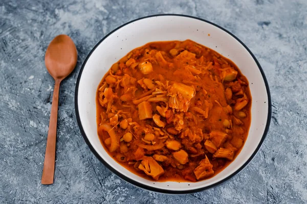 Gesundes Pflanzliches Ernährungskonzept Veganes Jackfrucht Bohnen Eintopf Mit Würziger Tomatensauce — Stockfoto