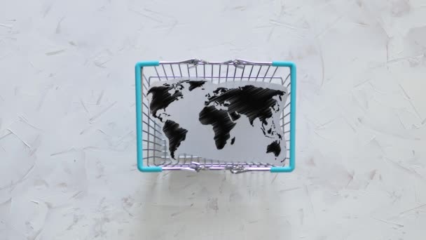 Допомога Бізнесу Після Глобального Блокування Викликаного Кошиком Кошик Карта Світу — стокове відео
