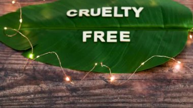 Veganlık ve ekoloji kavramsal natürmort, Acımasızlık, tropik muz yaprağının tepesinde ahşap harflerle yazılmış ücretsiz metin, dikey dönen kamera.