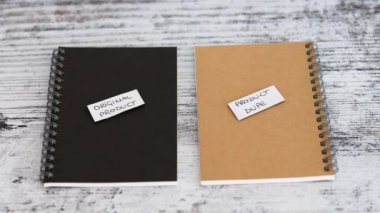 Ürün imitasyonu konsepti, Orijinal Ürün vs Benzer not defterleri farklı renklerde ve kamera dikey olarak tarama