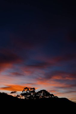 Günbatımı gökyüzü güzel pembe bulutlarla Tazmanya, Avustralya tepelerinde yuvarlanıyor.