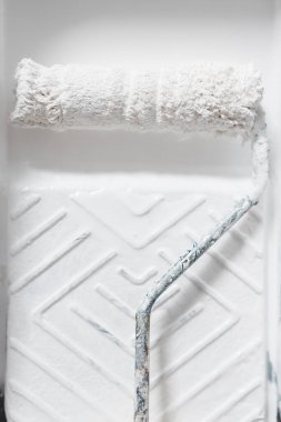 DIY ve ev geliştirme konsepti, üzerinde beyaz parlak boya ve boya rulosu olan boya tepsisinin yakın çekimi.
