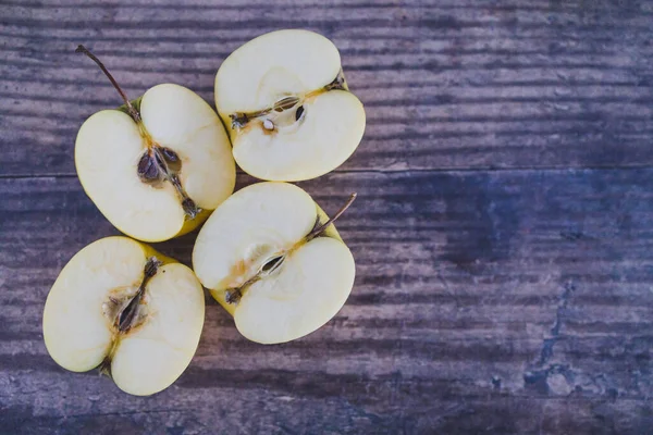 Healthy Plant Based Food Ingredients Concept Apple Halves Wooden Table — Stock Photo, Image