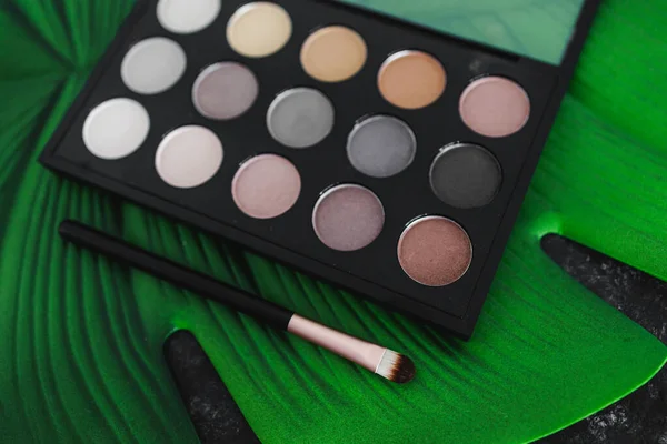 beauty industry and natural ingredients in cosmetics, neutral tones eyeshadow palette on tropical leaf