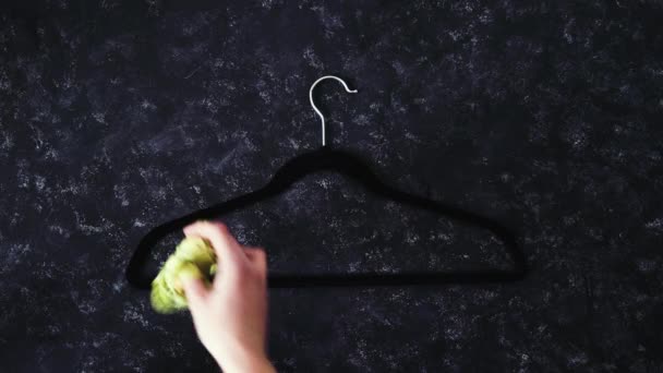 Fashion Eating Disorders Concept Velvet Hanger Hand Placing Yellow Measuring — Stock Video