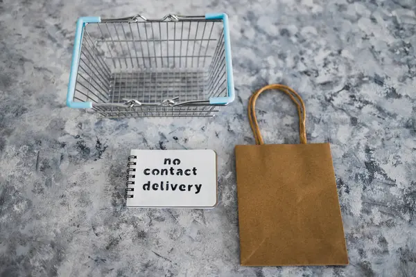 New Normal Covid Contact Delivery Text Notepad Shopping Basket Bag — Stock Photo, Image