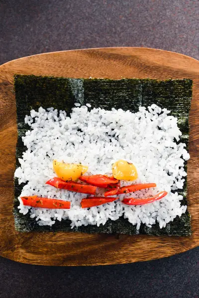 Zdrowe Przepisy Bazie Roślin Żywności Koncepcja Wegańskie Sushi Wodorostów Morskich — Zdjęcie stockowe