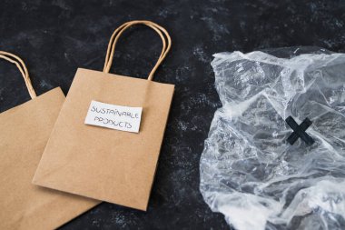 ekolojik tercihler ve çevresel farkındalık kavramı, Sürdürülebilir Ürünler etiketi tekrar kullanılabilir poşetlerde plastik poşetin yanında