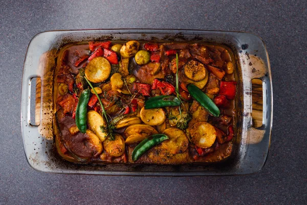 Hälsosam Växtbaserad Mat Recept Koncept Vegan Tomat Potatis Och Snöärtor — Stockfoto