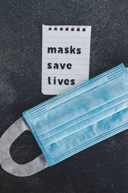 Covid-19 virüs salgınına karşı korunma ve eğriyi düzleştirme. Metin maskeli cerrahi maske yanında hayat kurtarıyor.