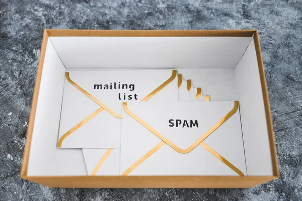 concept of inbox organisation and clean-up, group of envelopes inside box metaphor of email inbox and some marked as spam or mailing list content