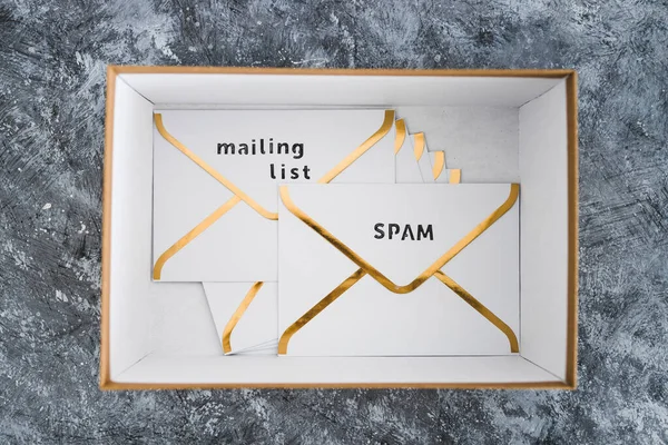 concept of inbox organisation and clean-up, group of envelopes inside box metaphor of email inbox and some marked as spam or mailing list content