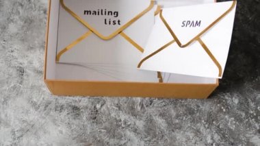 Gelen kutusu düzenleme, e-posta kutusu metaforu içindeki zarflar grubu ve bazıları spam veya e- posta listesi içeriği ve kamera eğimi olarak işaretlenmiş