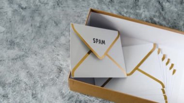 Gelen kutusu organizasyonu, e-posta kutusu metaforu içindeki zarflar grubu ve bazıları spam içeriği ve kamera paneli olarak işaretlenmiş