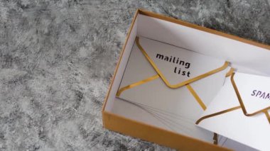 Gelen kutusu organizasyonu, e-posta kutusu metaforu içindeki zarflar grubu ve bazıları spam veya e- posta listesi içeriği ve kamera paneli olarak işaretlenmiş