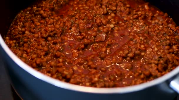 厨房炉顶锅中的素食扁豆和有质感的蔬菜蛋白拉古沙司 — 图库视频影像