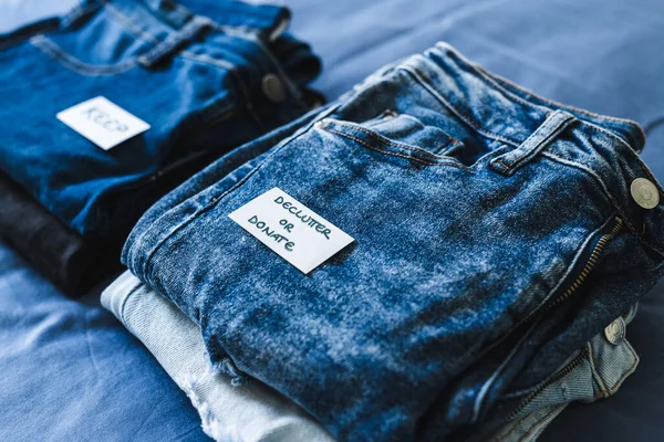 Tidying Organizing Your Wardrobe Keep Declutter Donate Label Different Jeans — Stock Photo, Image