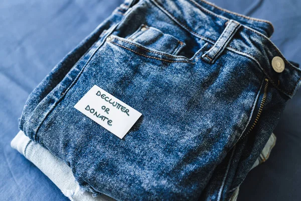 Tidying Organizing Your Wardrobe Declutter Donate Label Different Jeans Various — Stock Photo, Image