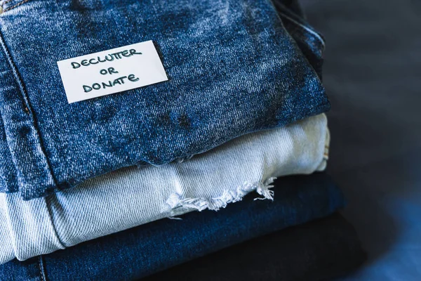 Tidying Organizing Your Wardrobe Declutter Donate Label Different Jeans Various — Stock Photo, Image