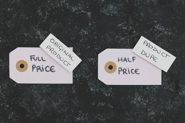 concept of imitations and unfair competition, half price vs full price tags with Original vs Dupe product labels