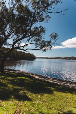 Tazmanya, Avustralya 'da Kettering' de ilkbaharın başlarında Peppermint Körfezi yakınlarında el değmemiş plaj manzarası