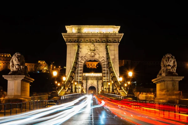 Puente Cadena Noche Budapest Hungary — Foto de Stock