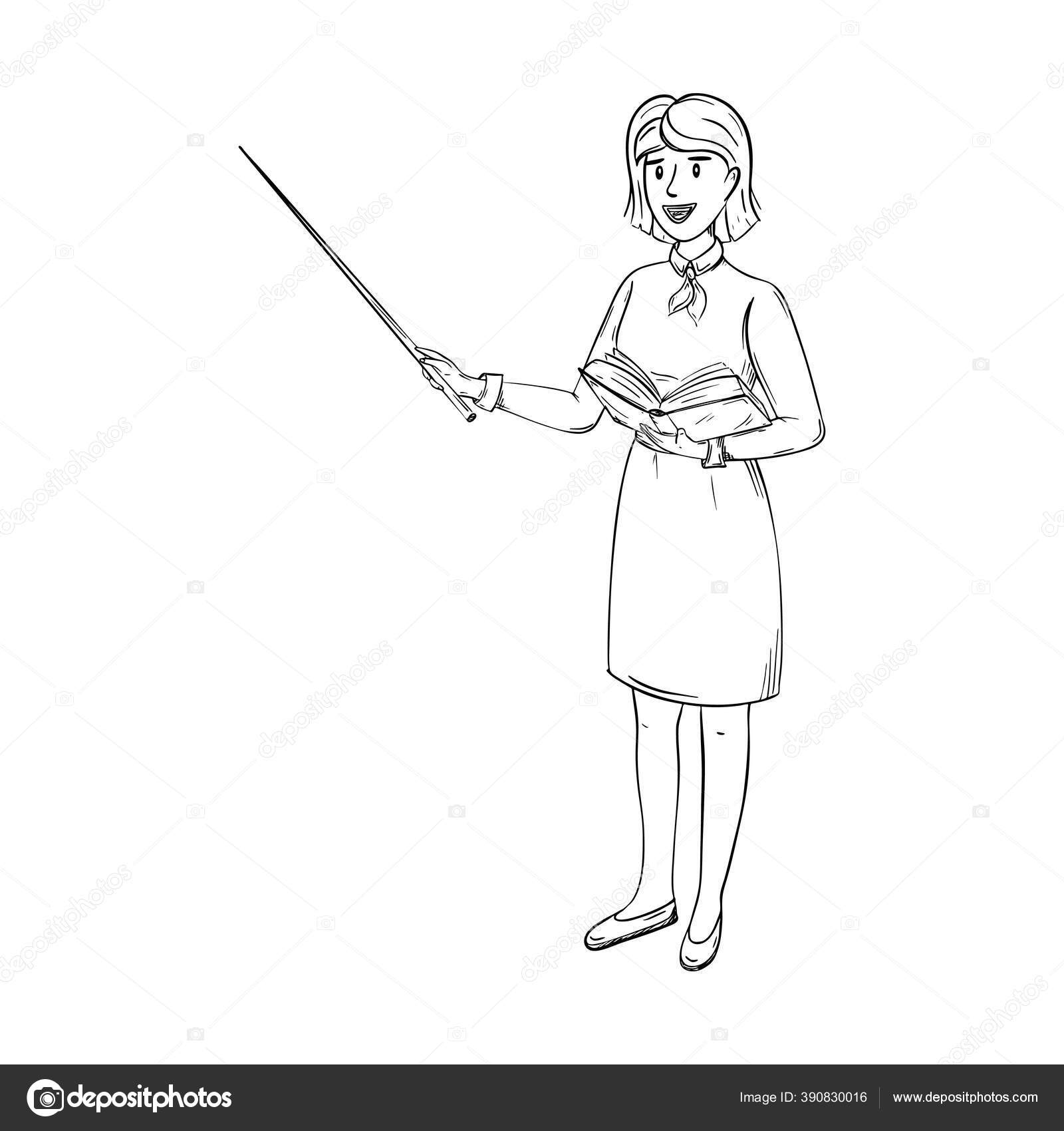 Sketch Of A Teacher In A Skirt And Blouse The Woman Stands With A Pointer In One Hand And An Open Book In The Other A Pretty Teacher With Short Dark Hair