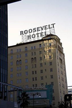 Hollywood,CA/USA - Nov 26,2018: Facade of famous historic Roosevelt Hotel on June 26,2012 in Hollywood USA. It first opened on May 15 1927. It is now managed by Thompson Hotels. clipart