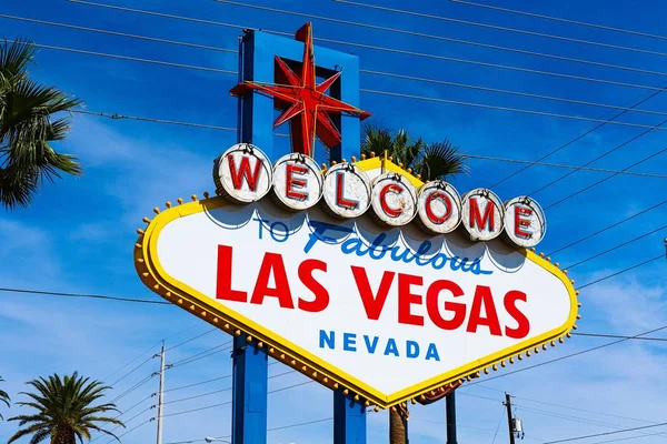 The Welcome to Fabulous Las Vegas sign on bright sunny day in Las Vegas.Welcome to Never Sleep city Las Vegas, Nevada Sign with the heart of Las Vegas scene in the background.