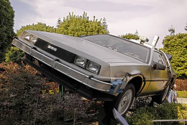 OSAKA, JAPAN - Feb 12, 2016 : Use movie of Ready Player One. Photo of De Lorean from Back to the Future at Universal Studios Japan.  clipart