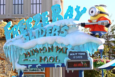 OSAKA, JAPAN - Jan 14, 2019 : Entrance of Minion Hachamecha Ice, located in Universal Studios Japan. Minions are famous character from Despicable Me animation. clipart