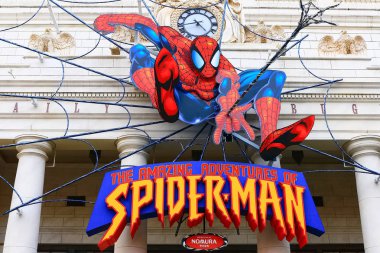 Osaka, Japonya - 06 Şubat 2016: Japon Universal Stüdyoları 'nın en ünlü turlarından biri olan Örümcek Adam' ın İnanılmaz Macerasının Fotoğrafı..