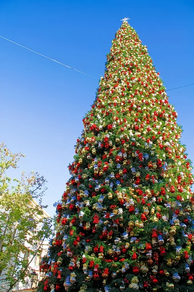 Many colorful ornaments on Christmas tree.Merry Christmas and Happy Holidays. A beautiful living room decorated for Christmas.festively decorated home interior with Christmas tree.beautiful ornaments