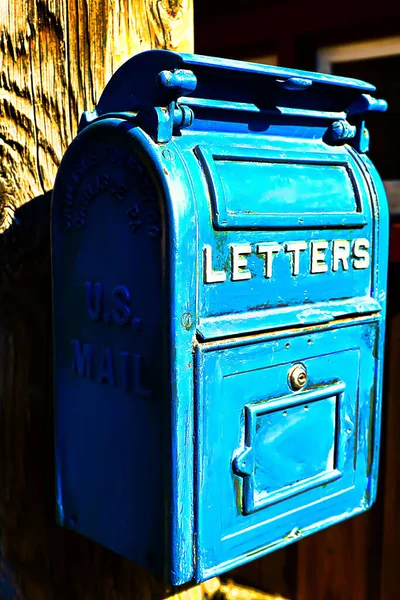 Caja Letras Azul Antiguo Telégrafo Madera Caja Correo Metal Vintage — Foto de Stock