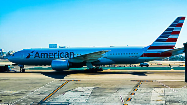 Los Angeles, CA, USA - Oct 7, 2017: American Airlines jet taxis for take off at LAX.