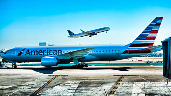 Los Angeles, CA, USA - Oct 7, 2017: American Airlines jet taxis for take off at LAX.