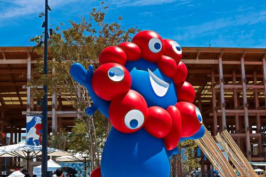 OSAKA,JAPAN - AUG 22 2025 : Editorial photograph of MYAKU MYAKU, the official mascot character of the 2025 Osaka Kansai Expo.Located in front of the West Gate of the Expo, it welcomes visitors.