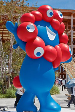 OSAKA,JAPAN - AUG 22 2025 : Editorial photograph of MYAKU MYAKU, the official mascot character of the 2025 Osaka Kansai Expo.Located in front of the West Gate of the Expo, it welcomes visitors.
