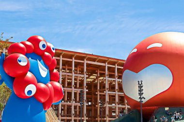 OSAKA,JAPAN - AUG 22 2025 : Editorial photograph of MYAKU MYAKU, the official mascot character of the 2025 Osaka Kansai Expo.Located in front of the West Gate of the Expo, it welcomes visitors.