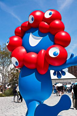 OSAKA,JAPAN - AUG 22 2025 : Editorial photograph of MYAKU MYAKU, the official mascot character of the 2025 Osaka Kansai Expo.Located in front of the West Gate of the Expo, it welcomes visitors.