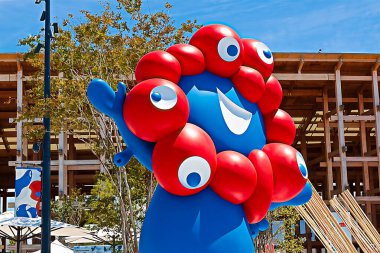 OSAKA,JAPAN - AUG 22 2025 : Editorial photograph of MYAKU MYAKU, the official mascot character of the 2025 Osaka Kansai Expo.Located in front of the West Gate of the Expo, it welcomes visitors.