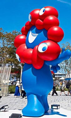 OSAKA,JAPAN - AUG 22 2025 : Editorial photograph of MYAKU MYAKU, the official mascot character of the 2025 Osaka Kansai Expo.Located in front of the West Gate of the Expo, it welcomes visitors.