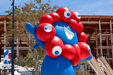OSAKA,JAPAN - AUG 22 2025 : Editorial photograph of MYAKU MYAKU, the official mascot character of the 2025 Osaka Kansai Expo.Located in front of the West Gate of the Expo, it welcomes visitors.