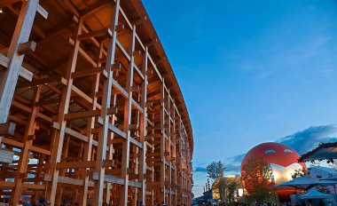 OSAKA, JAPAN - AUGUST 22, 2025 : Editorial photo of pavilions and exhibits showcasing future visions at the 2025 Osaka, Kansai Expo. 