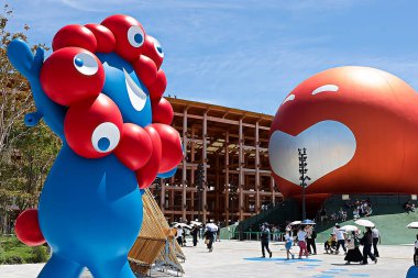 OSAKA, JAPAN - AUGUST 22, 2025 : Editorial photo of pavilions and exhibits showcasing future visions at the 2025 Osaka, Kansai Expo. 
