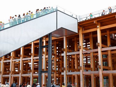 OSAKA, JAPAN - AUGUST 22, 2025 : Editorial photo of pavilions and exhibits showcasing future visions at the 2025 Osaka, Kansai Expo. 