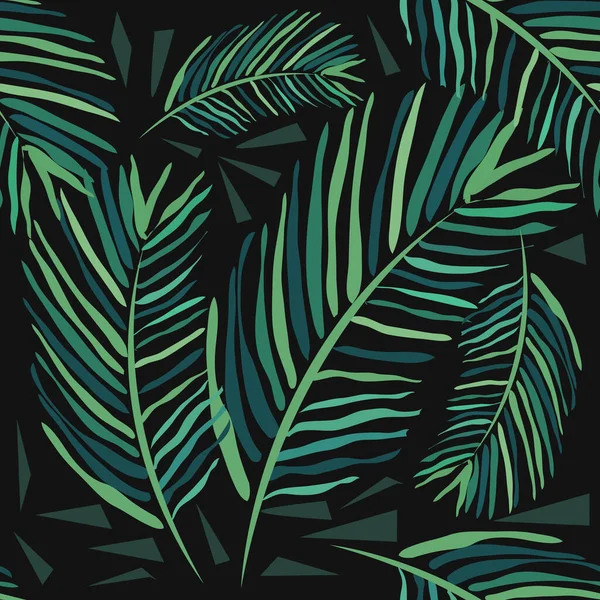 无缝隙的图案 热带树叶呈深色背景 棕榈树和怪兽 手绘水彩背景 — 图库矢量图片