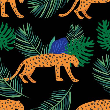 Tropikal palmiye yapraklı, leopar desenli, kusursuz çiçek desenli güzel bir vektör. Duvar kağıtları, web sayfası arkaplanları, yüzey dokuları, tekstil için mükemmel..