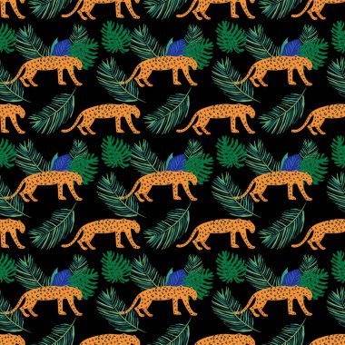 Tropikal palmiye yapraklı, leopar desenli, kusursuz çiçek desenli güzel bir vektör. Duvar kağıtları, web sayfası arkaplanları, yüzey dokuları, tekstil için mükemmel..
