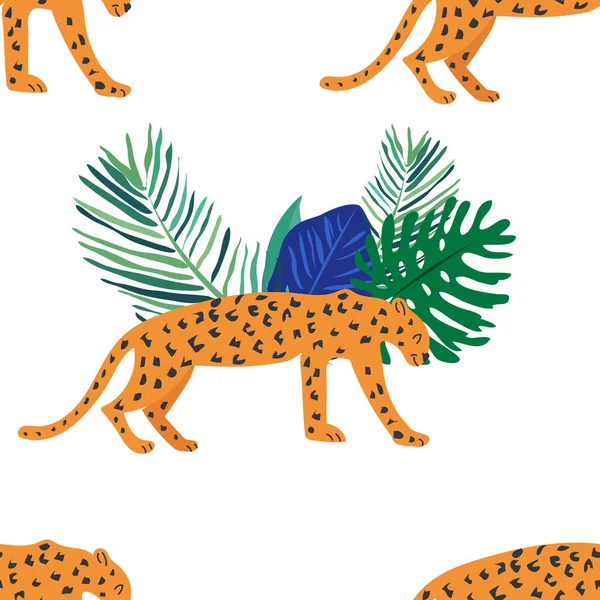 Tropikal palmiye yapraklı, leopar desenli, kusursuz çiçek desenli güzel bir vektör. Duvar kağıtları, web sayfası arkaplanları, yüzey dokuları, tekstil için mükemmel..